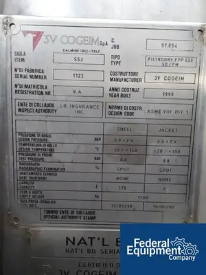 USED 3V Cogeim 0.2 Sq Meter 3V Cogeim Nutsche Filter Dryer, Hastelloy C276