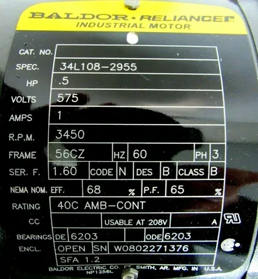NEW BALDOR 34L108-2955 MOTOR .5HP 575V 3450 RPM 920.9267.00