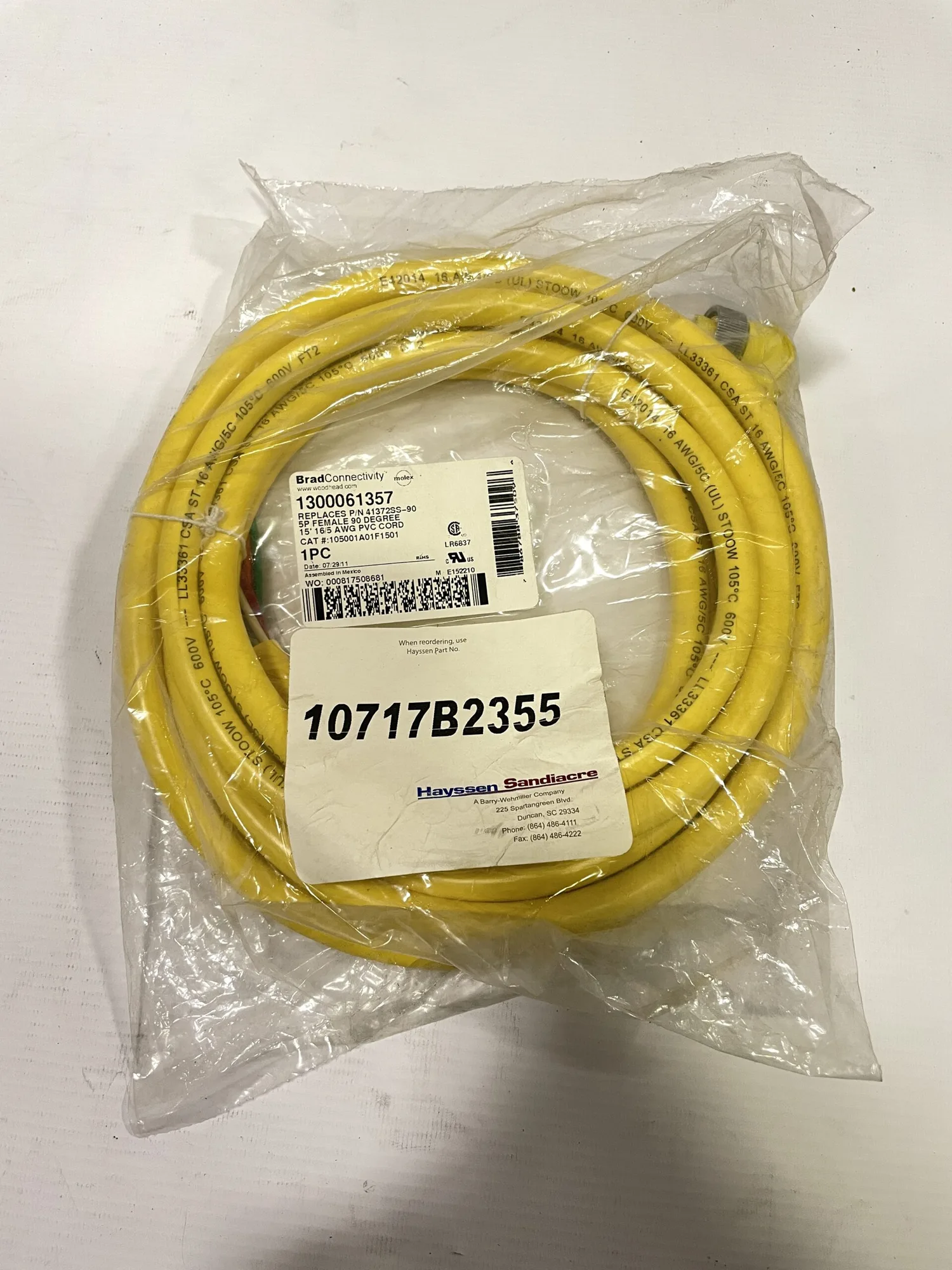 Brad Connectivity Mini-Change 1300061357 5-Pin Female 90 Degree 15′ Cordset -NIB