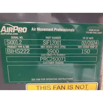 Used AIRPRO FAN & BLOWER COMPANY BIHS222 Centrifugal Blowers West Virginia US | JM Industrial #1321864