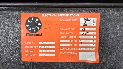 8" x 14" Rapid Model F-14 Granulator w/ In-Line Roll Feed System, 7.5 HP