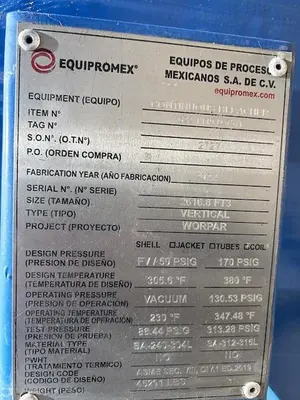 Reactor, 20,000 Gallon, 304L Stainless Steel, Equipromex, Vertical, Continuous Bleacher, 50 PSI/FV, 316L SS Coil, Agitated, Unused, #5991586