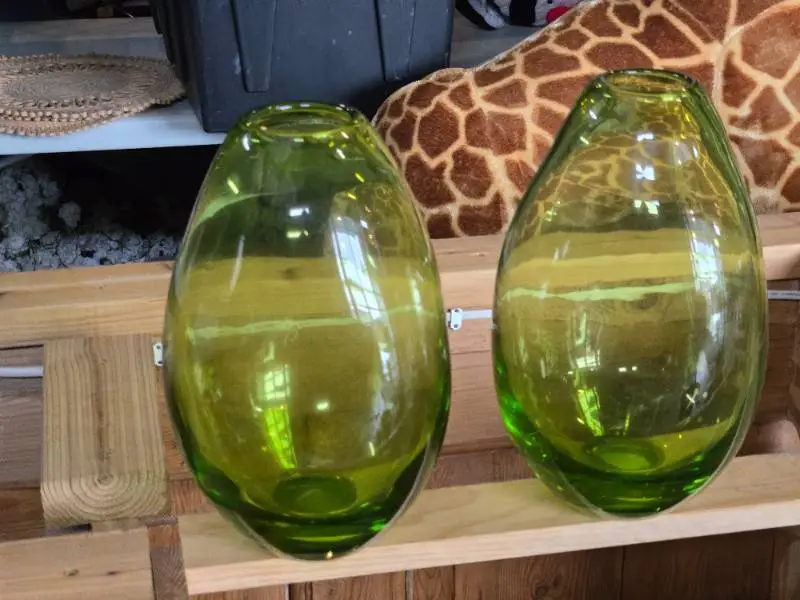 Lot of (2) Handblown Art Glass Table Vases by Holmegaard 6" x 12" (green) (rounded triangle)