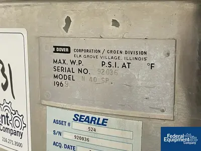 USED Dover Corporation 40 Gallon Dover Kettle, Model N 40 SP, S/S