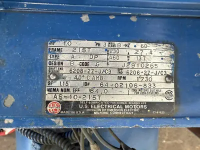 10 HP U.S. ELECTRIC PISTON TYPE AIR COMPRESSOR. STOCK # 0993525