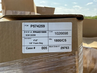 Skid of 4”x5” 1/8” white foam bags