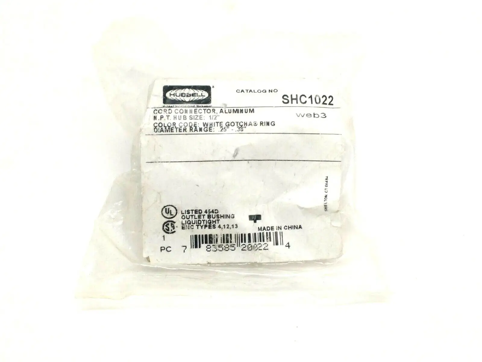 SHC1022 | Hubbell  Kellems Straight Male Aluminum .25-.38" Cord Connector 1/2" NPT - New