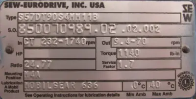 NEW SEW EURODRIVE S57DT90S4MM11B GEARMOTOR 24.77:1 460V 1.5HP DFT90S4MM11B