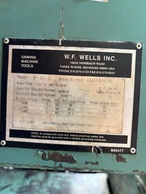 Used 1998 W.F. WELLS B-25-2 Horizontal Band Saws Illinois US | Myers Technology Co., LLC #11884