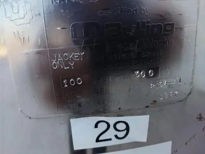 Tank, 26 Gallon (100 Liter), 316L Stainless Steel, Jacketed, 100 PSI, Bulling Metal Works, #5991473