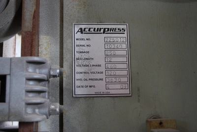 Accurpress 725012 250 Ton x 12' Press Brake (LOCATION: Schertz, TX)