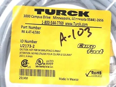 NEW TURCK RK 4.4T-4/S90 CORDSET U2173-2 RK44T4S90