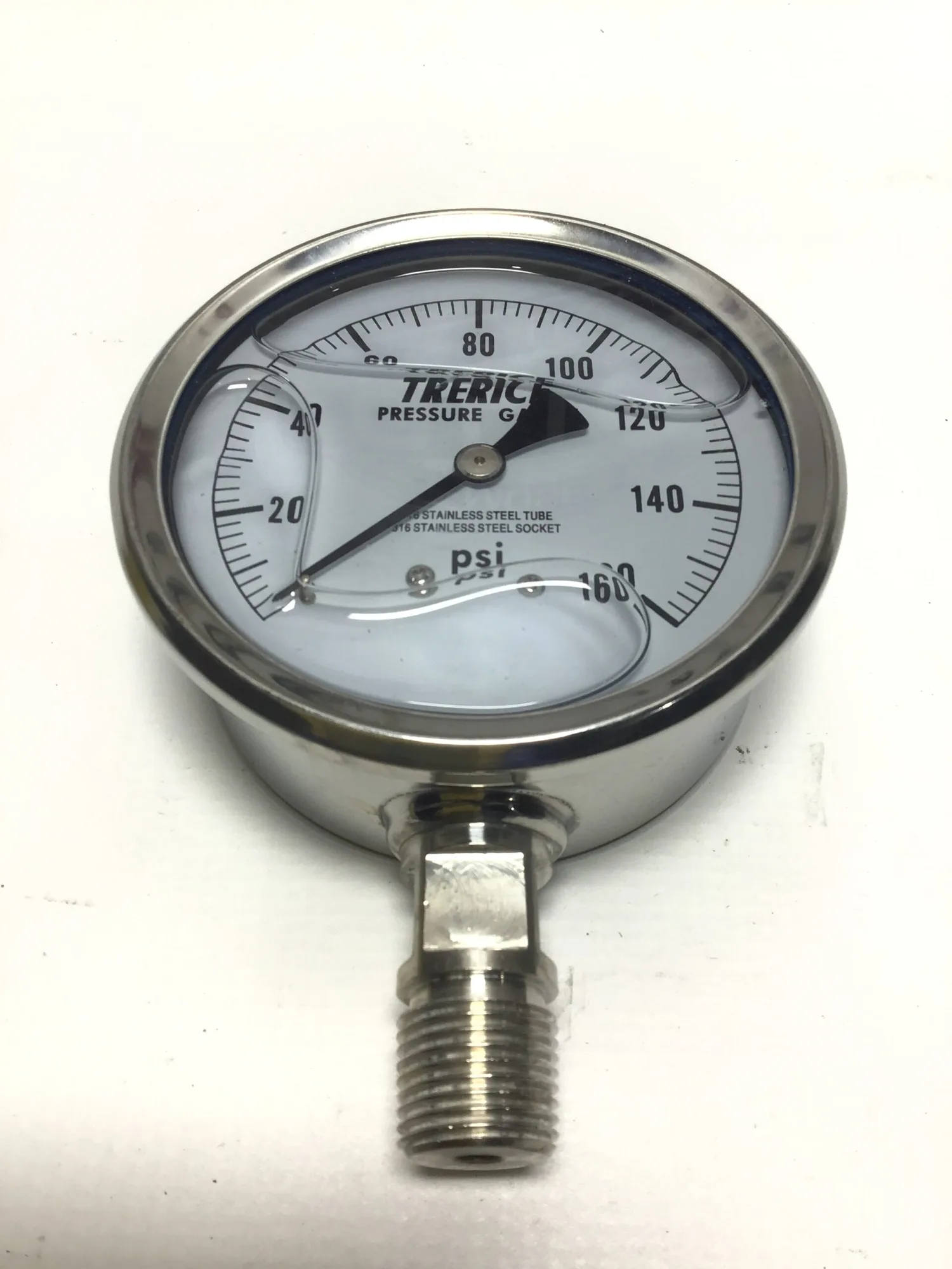 Trerice 316 Stainless Steel Tube & Socket Pressure Gauge 0-160 PSI