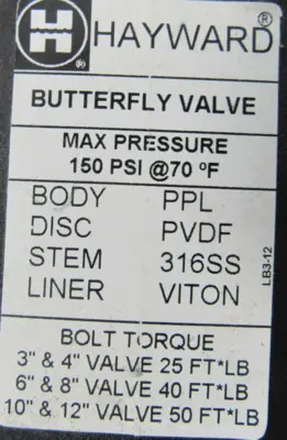 NEW HAYWARD 450600VL BUTTERFLY VALVE PPL 6"