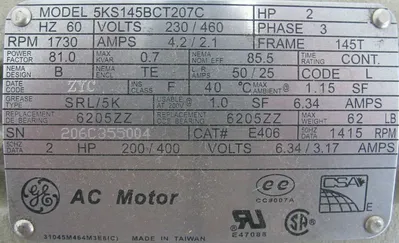 NEW GENERAL ELECTRIC 5KS145BCT207C MOTOR 2HP 230/460V 1730RPM 145T