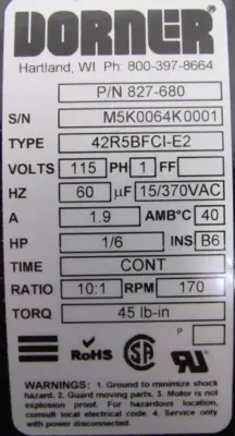 NEW DORNER 62M010PS411FN GEARMOTOR 10:1 42R5BFC1-E2 827-680