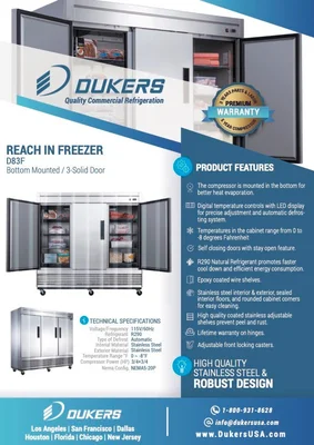 New | in-Stock Dukers New Dukers D83F Stainless Steel Solid 3-Door Commercial Reach-in Freezer Freezers Illinois US | Falcon Restaurant Supply #1376277