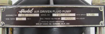 USED HASKEL AW-B25 AIR DRIVEN FLUID PUMP 25:1 AWB25