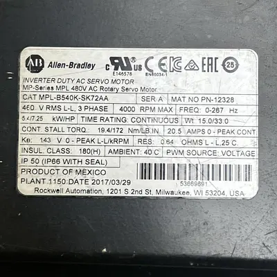 Used ALLEN-BRADLEY MPL-B540K-SK72AA Servo Motors Ohio US | Surplus Asset Holdings #1188621