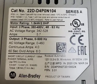 Allen Bradley 22D-D4PON104 Powerflex40 Series A Drive (BIN3.3.1)