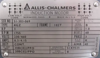NEW ALLIS CHALMERS 512 MOTOR 3HP 230/460V 1755 RPM TYPE RGZ 182T