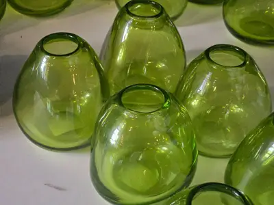 Lot of (6) Handblown Art Glass Table Vases by Holmegaard 4" x 4" (green) (rounded triangle)