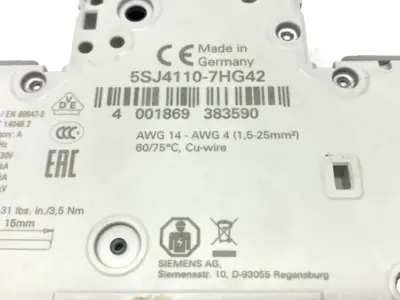USED SIEMENS CIRCUIT BREAKER 1P 10A W/ 5ST3010 AUXILIARY SWITCH