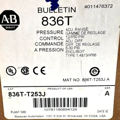 ALLEN BRADLEY 836T-T253J PRESSURE CONTROL SER. A 836TT253J NEW, SURPLUS