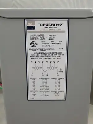EGS Hevi-Duty HS5F3AS-12 Transformer PRI 240 x 480 SEC 120/240, 3 KVA. 4F