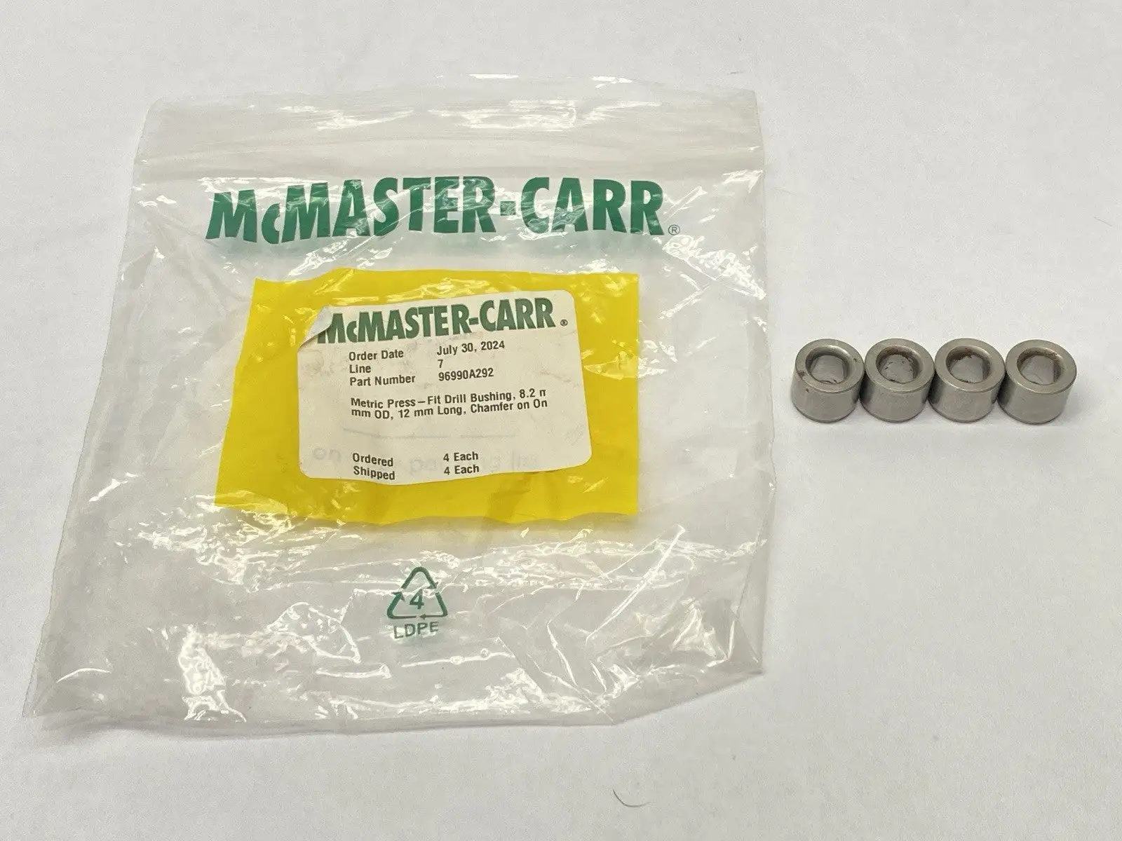 96990A292 | Drill Bushing 8.2mm ID 15mm OD 12mm Long Chamfer On One End LOT OF 4 - New Other