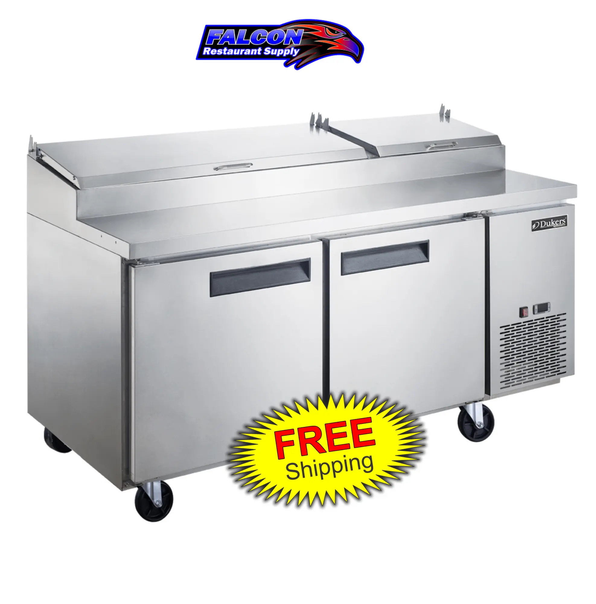 New | in-Stock Dukers New Dukers DPP70-9-S2 Commercial 2-Door Pizza Prep Table Refrigerated Food Prep Tables Illinois US | Falcon Restaurant Supply #1376289