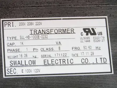 Swallow Step-Down Power Transformer 1kVA Pri 200-208-220V Sec 100-120V 1Ph