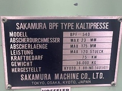 Used 1989 SAKAMURA BPF-540 Parts Formers New Jersey US | National Machinery Exchange #1500193