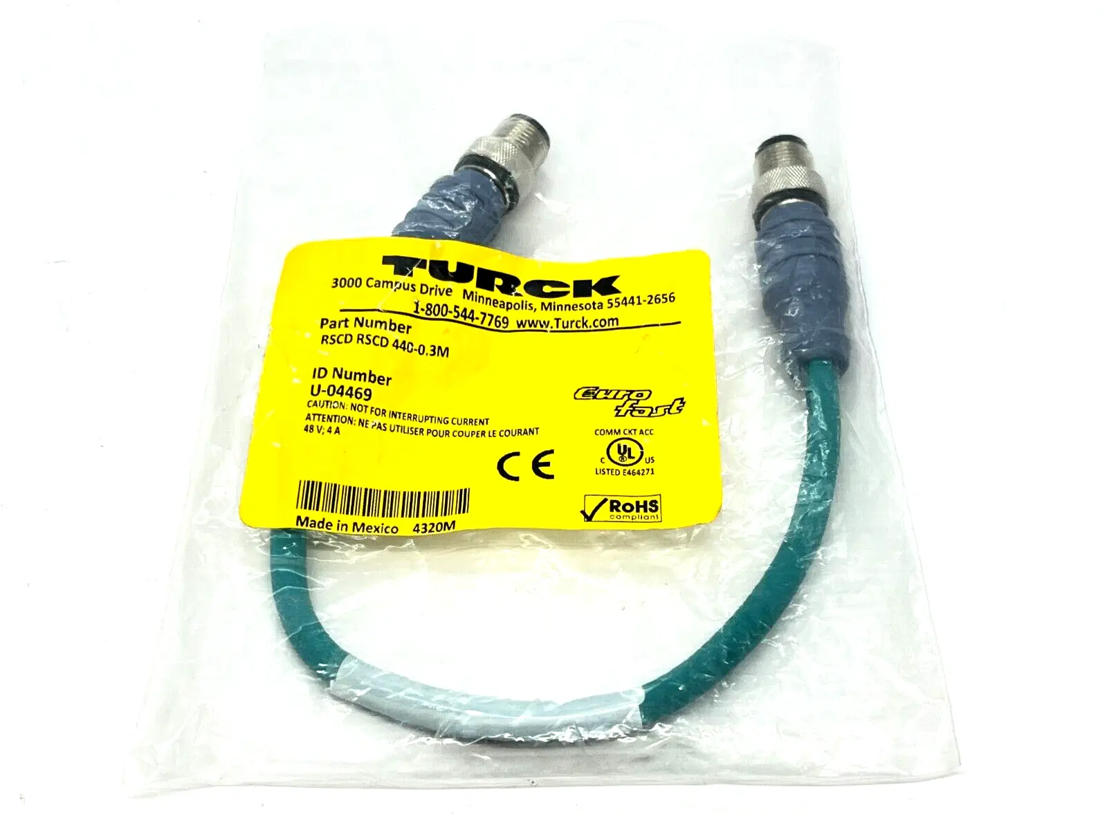 RSCD RSCD 440-0.3M | Turck  Eurofast Ethernet Cordset Double M12 Male 0.3M U-04469 - New