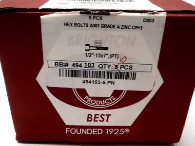 New | in-Stock BRIGHTON 1/2"-13X7" HEX BOLTS A307 GRADE A ZINC CR+3 Bolts | Maverick Industrial Sales #1108780