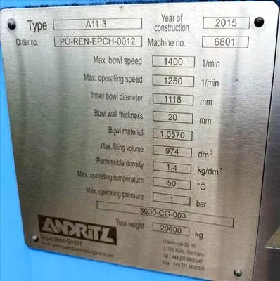 (4) Andritz A11-3 solid bowl decanter centrifuges, CS.