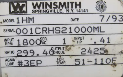 USED WINSMITH 1HM GEAR REDUCER 299.40:1 001CRHS21000ML
