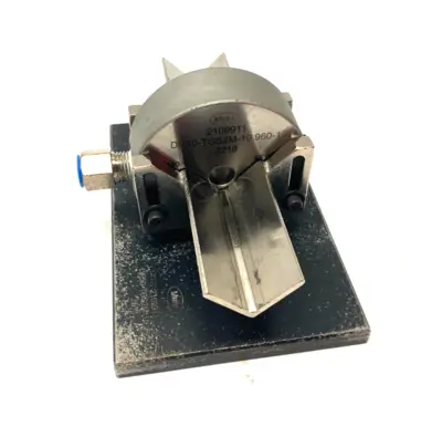 USED MAHR DIMENSIONAIR 2-JET AIR RING GAUGE W/ GUIDE CHUTES & BASE PLATE