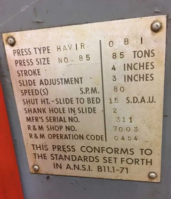 USED HAVIR PRESS RITE HAVIR PRESS RITE 85 PRESS