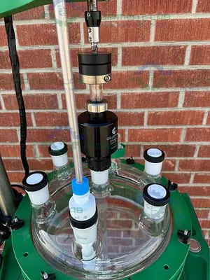 USED CHEMGLASS 150 LITER GLASS REACTOR W/ CHEMGLASS DIGITAL OVERHEAD STIRRER