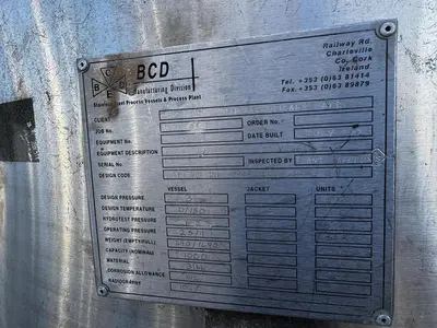 Tank, 264 Gallon, 1,000 Liter, BCD Manufacturing, Agitated, 316L Stainless, 3 Bar, #5991456