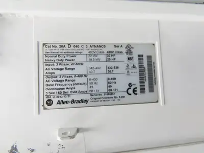 Allen Bradley 20AD040C3AYNANC0 PowerFlex 70 AC Drive 30Hp 480VAC 3Ph 40A Ser A