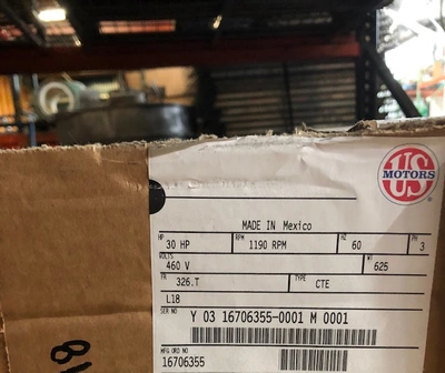 30 hp 1190 rpm 460v Frame 326T US Motors AC Motor , Unused