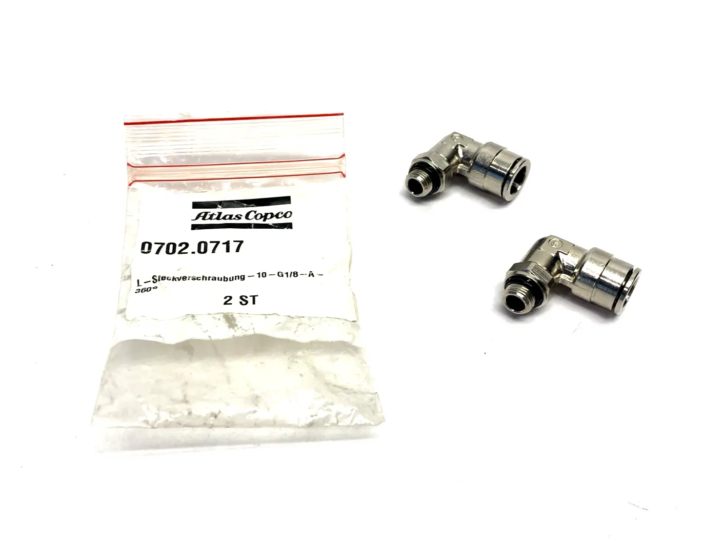 702.0717, 0702.0717 | Atlas Copco 0702.0717 Elbow L Push Connect Fitting, 10mm Tube x G1/8", LOT OF 2 - New