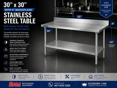 30”x 30” 4" Backsplash Stainless Steel Table