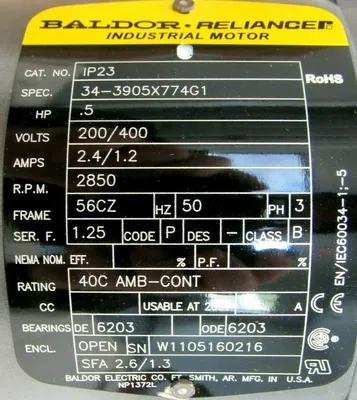 NEW BALDOR IP23 MOTOR .5HP 200/400V 2850 RPM 56CZ 34-3905X774G1 720.09788.00