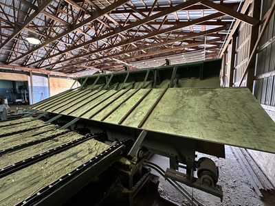 6 strand, 120' green chain with incoming deck and hoist. 24 heavy duty carts