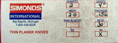 NEW SET OF 2 SIMONDS M2 PLANER KNIVES WIDTH 2" LENGTH 4" THICKNESS .156" DEG 30