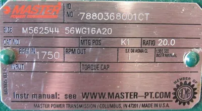 NEW MASTER 56WG16A20 SPEED REDUCER 20:1 M562544