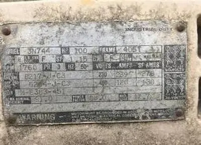 Ingersoll Rand 100 HP motor 3n744 405t frame